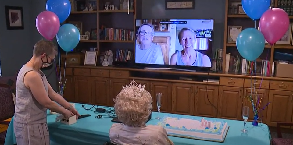 A zoom party for a St. Mary's resident celebrating her 101st birthday.